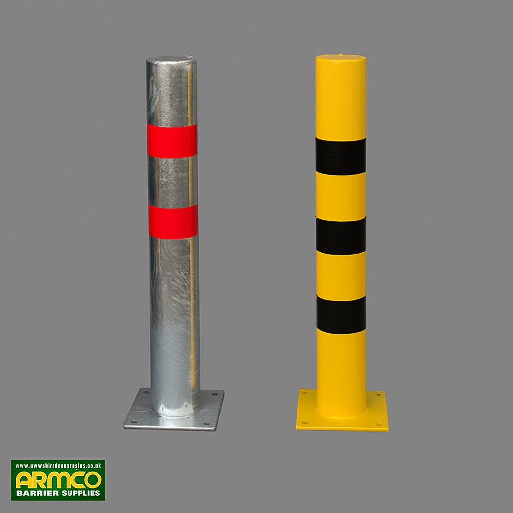 Bollard Bolt Down 1.2m x 114mmâŒ€ Galvanised & Powder Coated & Stripes