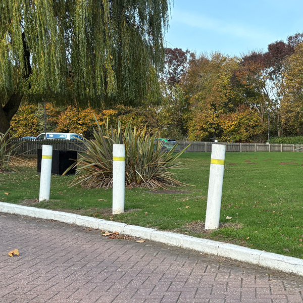 Bollards Dig In white large diameter in commercial building cat park entrance Bollard Supplies